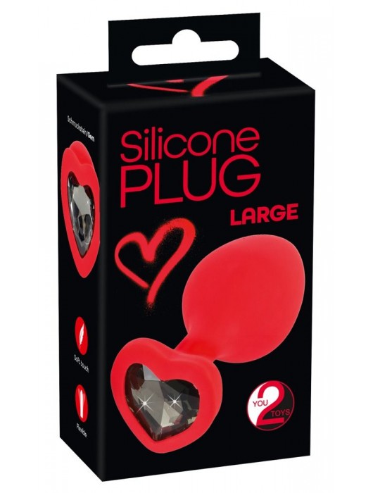Красная силиконовая анальная пробка с черным стразом-сердечком - 9,3 см. - Orion - купить с доставкой в Новосибирске