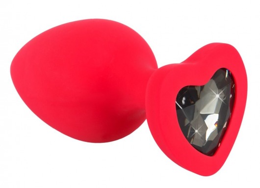Красная силиконовая анальная пробка с черным стразом-сердечком - 7,9 см. - Orion - купить с доставкой в Новосибирске