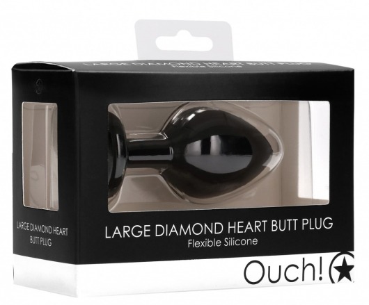 Черная анальная пробка с прозрачным стразом Large Ribbed Diamond Heart Plug - 8 см. - Shots Media BV - купить с доставкой в Новосибирске