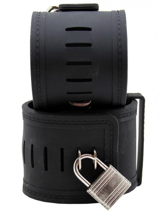 Черные силиконовые наручники с фиксацией на карабинах - Eroticon - купить с доставкой в Новосибирске