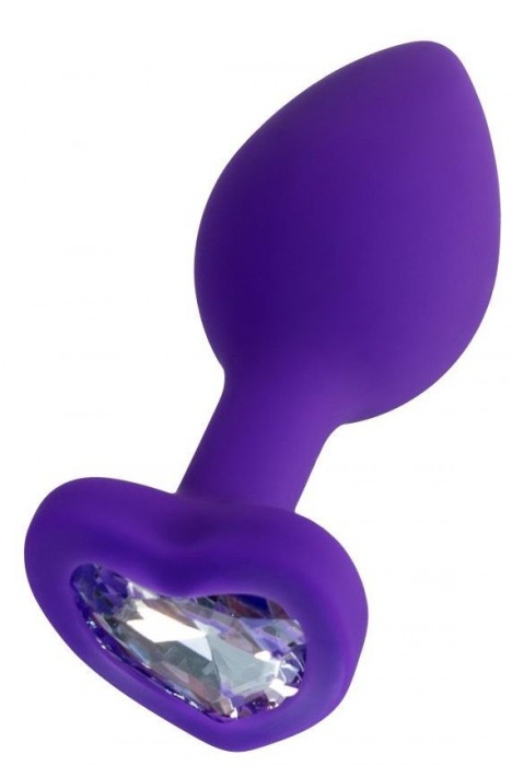Фиолетовая анальная втулка с прозрачным стразом-сердечком - 7 см. - Штучки-дрючки - купить с доставкой в Новосибирске