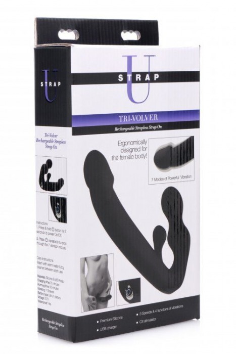 Черный безремневой страпон Tri-Volver Rechargeable Strapless Strap On - XR Brands - купить с доставкой в Новосибирске