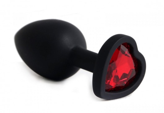 Черная анальная силиконовая пробка с красным стразом-сердцем - 7,5 см. - 4sexdreaM - купить с доставкой в Новосибирске