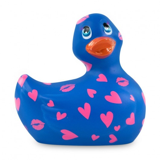 Синий вибратор-уточка I Rub My Duckie 2.0 Romance с розовым принтом - Big Teaze Toys - купить с доставкой в Новосибирске