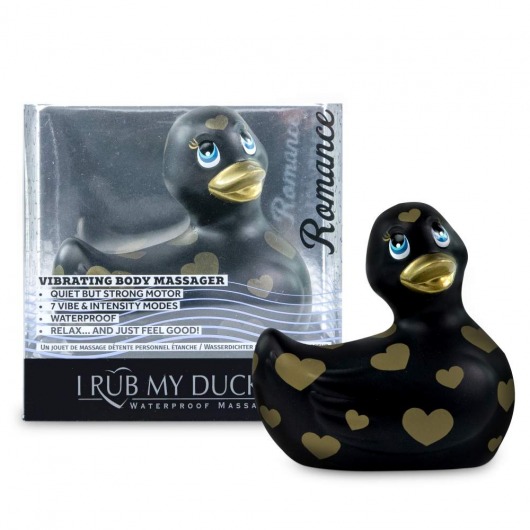 Черный вибратор-уточка I Rub My Duckie 2.0 Romance с золотистым принтом - Big Teaze Toys - купить с доставкой в Новосибирске