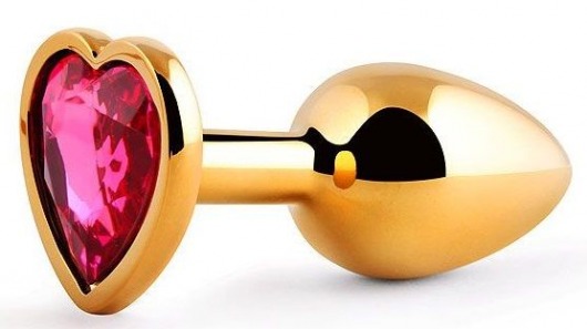 Золотистая анальная пробка с малиновым кристаллом-сердечком - 7 см. - Anal Jewelry Plug - купить с доставкой в Новосибирске