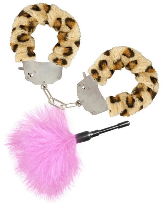 Эротический набор: леопардовые наручники и розовая пуховка - Toy Joy - купить с доставкой в Новосибирске
