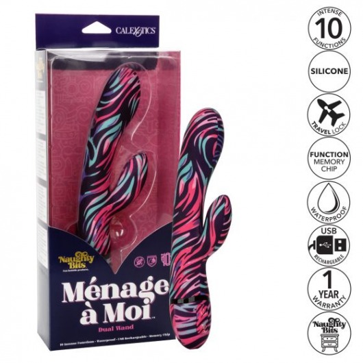 Черный вибратор-кролик Menage à Moi Dual Wand с ярким принтом - 21 см. - California Exotic Novelties