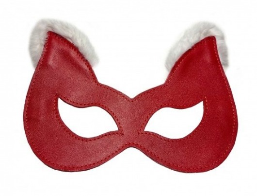 Красная маска из натуральной кожи с белым мехом на ушках - БДСМ Арсенал - купить с доставкой в Новосибирске