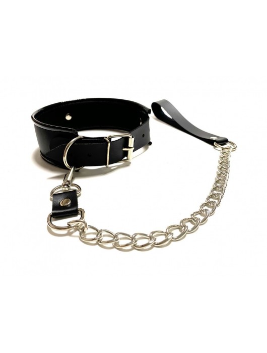 Черный ошейник с поводком из эко-кожи - БДСМ Арсенал - купить с доставкой в Новосибирске