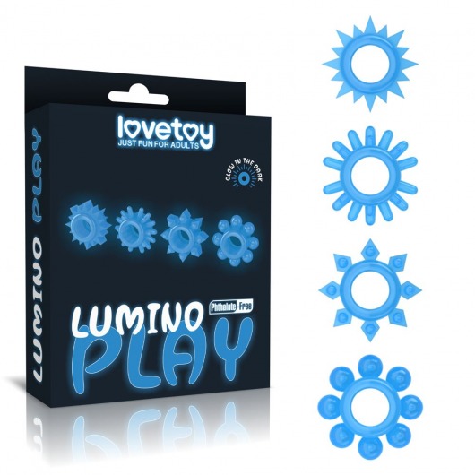Набор из 4 голубых, светящихся в темноте эрекционных колец Lumino Play - Lovetoy - в Новосибирске купить с доставкой