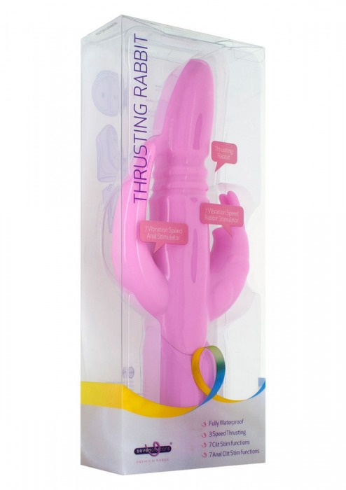 Розовый вибратор THRUSTING RABBIT с клиторальным и анальным отростком - 27 см. - Seven Creations
