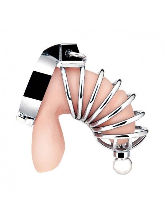 Серебристая клетка для члена Urethral Play Cage - BlueLine - купить с доставкой в Новосибирске
