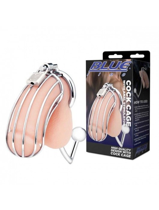 Серебристая металлическая клетка с анальным стимулятором Cock Cage - BlueLine - купить с доставкой в Новосибирске