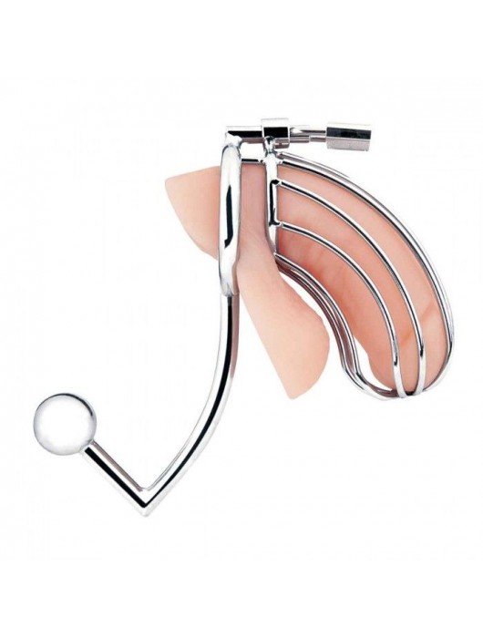 Серебристая металлическая клетка с анальным стимулятором Cock Cage - BlueLine - купить с доставкой в Новосибирске