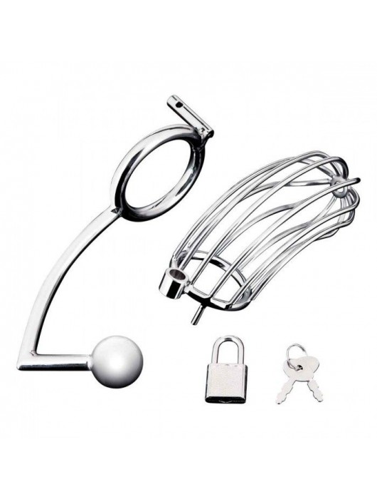 Серебристая металлическая клетка с анальным стимулятором Cock Cage - BlueLine - купить с доставкой в Новосибирске