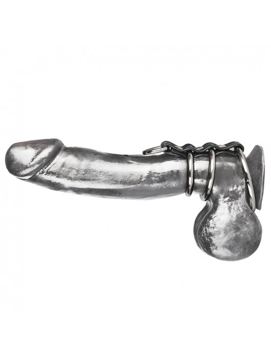 Хомут на пенис из трех металлических колец и кольца для привязи 3 RING GATES OF HELL - BlueLine - купить с доставкой в Новосибирске