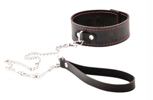 Черный широкий ошейник с красной строчкой и поводком - Crazy Handmade - купить с доставкой в Новосибирске