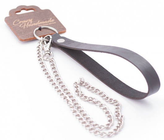Серебристый металлический поводок с кожаной черной ручкой - 80 см. - Crazy Handmade - купить с доставкой в Новосибирске
