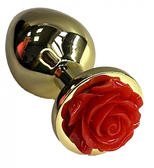 Золотистая анальная пробка с ограничителем в форме красной розы - 9 см. - Kanikule