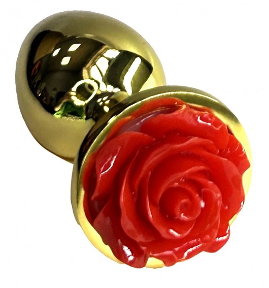 Золотистая анальная пробка с ограничителем в форме красной розы - 8 см. - Kanikule