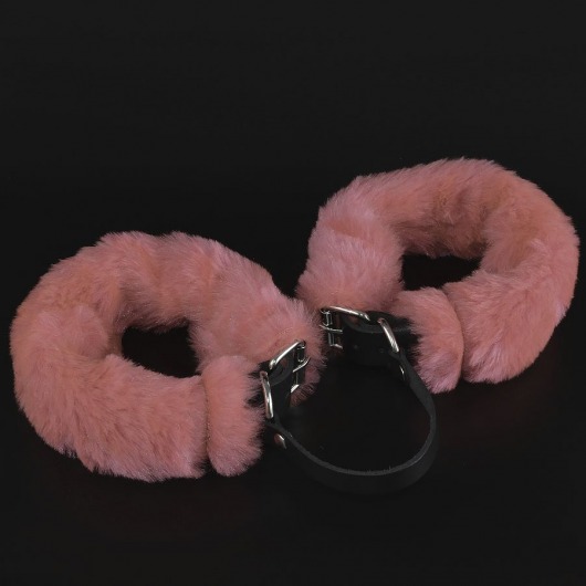 Черные кожаные оковы со съемной розовой опушкой - Sitabella - купить с доставкой в Новосибирске