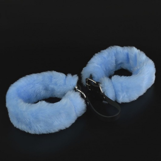 Черные кожаные оковы со съемной голубой опушкой - Sitabella - купить с доставкой в Новосибирске