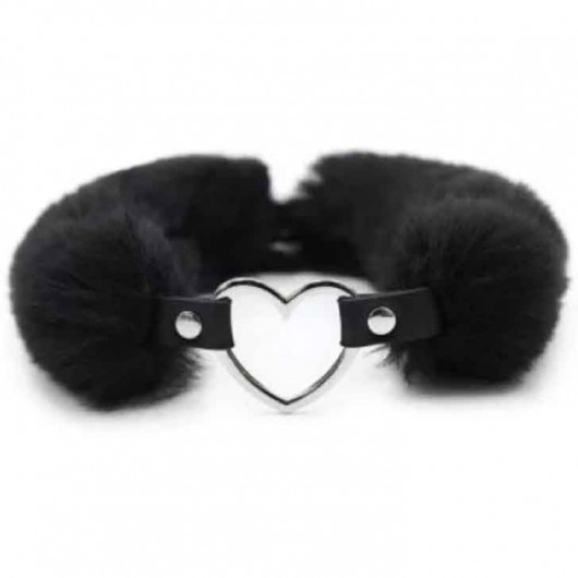 Черный меховой ошейник с металлическим сердечком - Notabu - купить с доставкой в Новосибирске