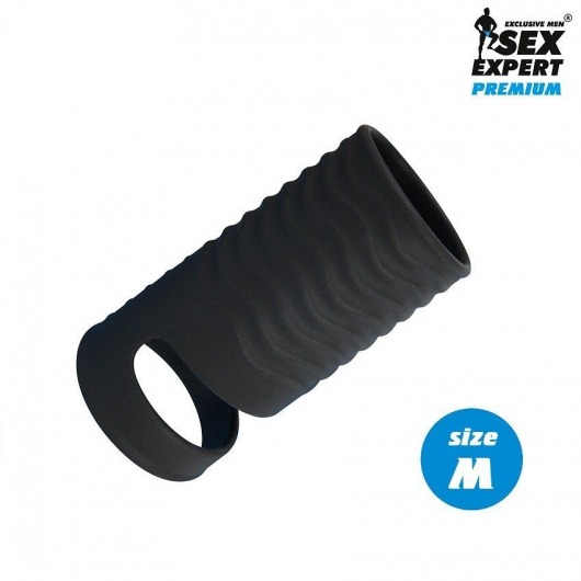 Черная открытая насадка на пенис с кольцом для мошонки size M - 7,9 см. - Sex Expert - в Новосибирске купить с доставкой