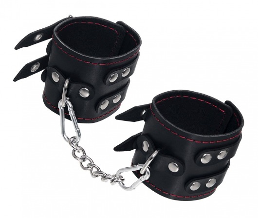 Черные кожаные наручники с двумя ремнями и контрастной строчкой - Pecado - купить с доставкой в Новосибирске