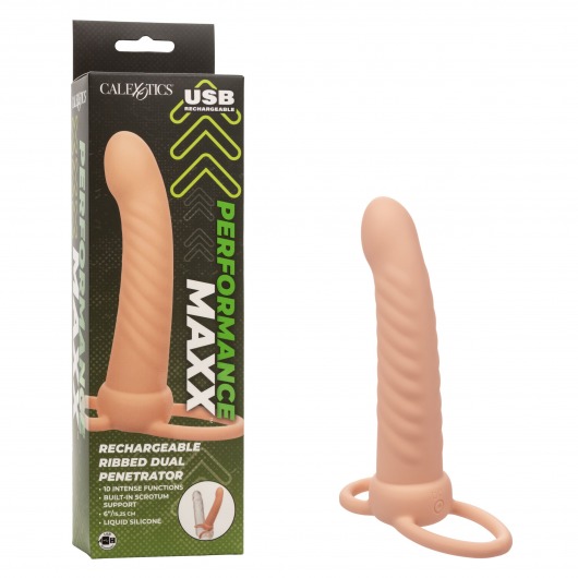 Телесная насадка для двойного проникновения Rechargeable Ribbed Dual Penetrator с вибрацией - California Exotic Novelties - купить с доставкой в Новосибирске