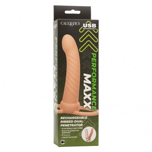 Телесная насадка для двойного проникновения Rechargeable Ribbed Dual Penetrator с вибрацией - California Exotic Novelties - купить с доставкой в Новосибирске