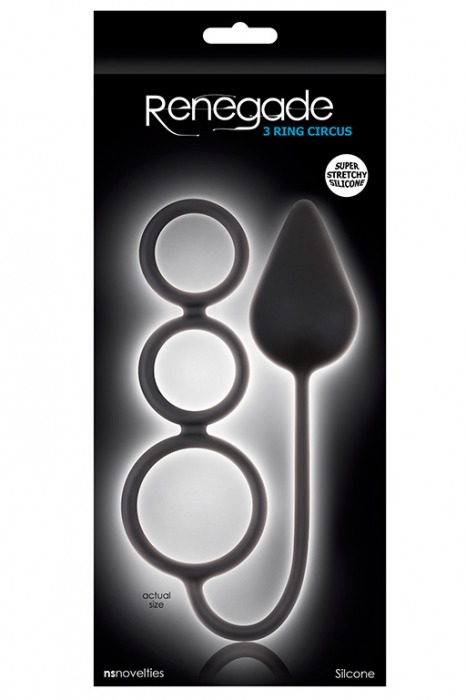 Чёрная анальная пробка Renegade 3 Ring Circus Large Black с эрекционными кольцами - NS Novelties