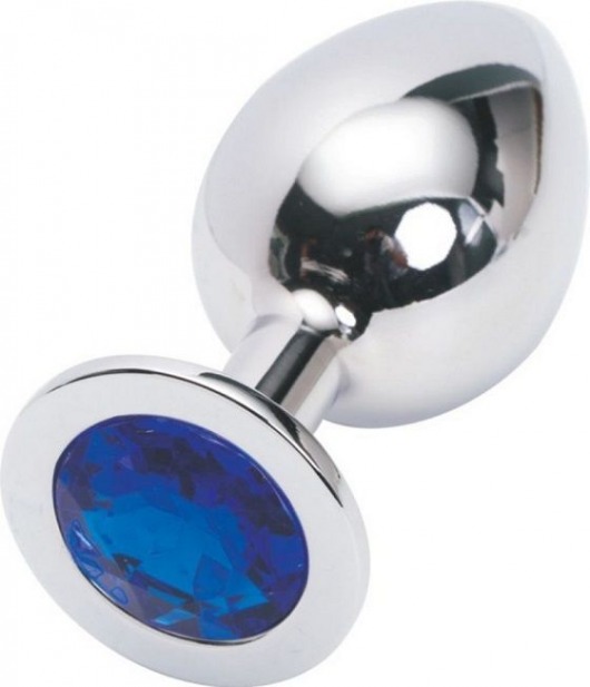 Серебряная металлическая анальная пробка среднего размера с синим стразиком - 8,2 см. - 4sexdreaM - купить с доставкой в Новосибирске