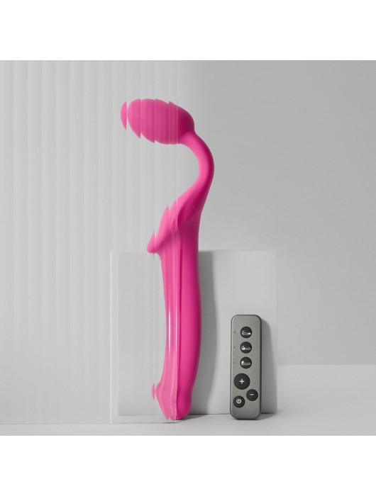 Ярко-розовый безремневой страпон Strap-on-me Vibrating Bendable Strap-On size XL - Strap-on-me - купить с доставкой в Новосибирске