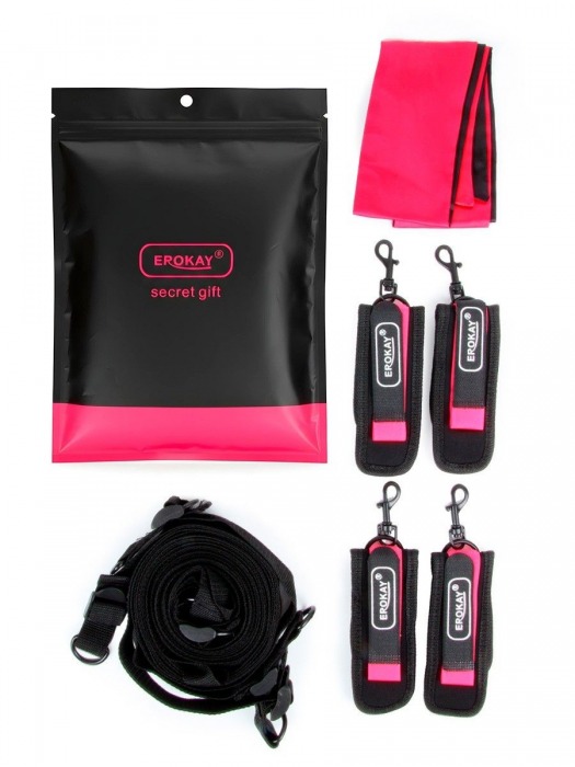 Черно-розовый эротический набор: фиксатор, оковы, наручники, повязка - Erokay - купить с доставкой в Новосибирске