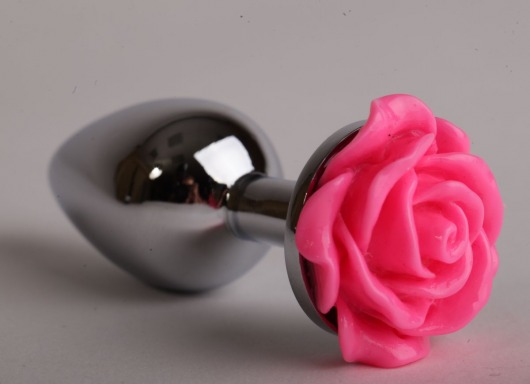 Серебристая анальная пробка с розовой розочкой - 9,5 см. - 4sexdreaM - купить с доставкой в Новосибирске