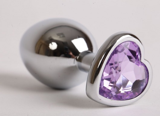 Серебристая анальная пробка с сиреневым стразиком-сердечком - 8 см. - 4sexdreaM - купить с доставкой в Новосибирске
