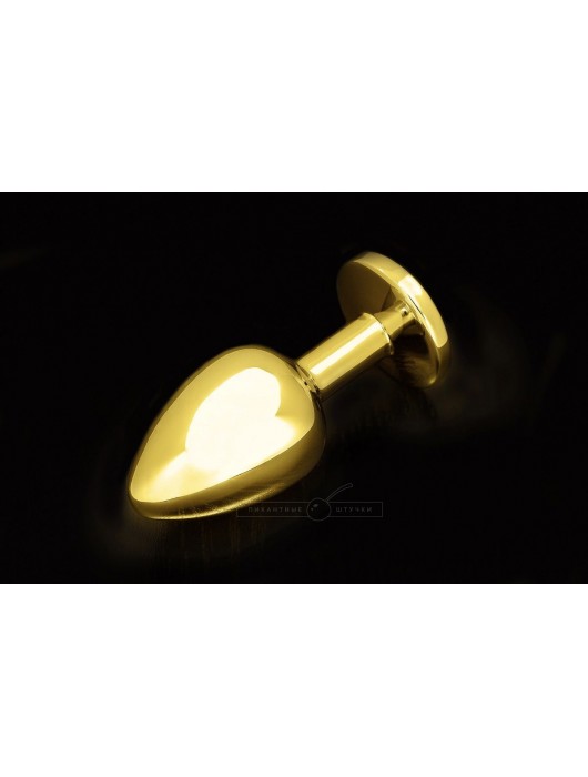 Большая золотая анальная пробка с закругленным кончиком и синим кристаллом - 9 см. - Пикантные штучки - купить с доставкой в Новосибирске