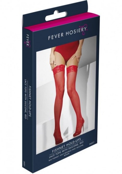 Красные чулки в сетку с кружевной резинкой на силиконе - Fever купить с доставкой