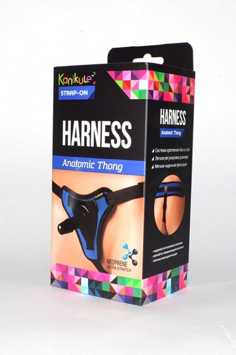 Сине-чёрные трусики с плугом Kanikule Strap-on Harness Anatomic Thong - Kanikule - купить с доставкой в Новосибирске