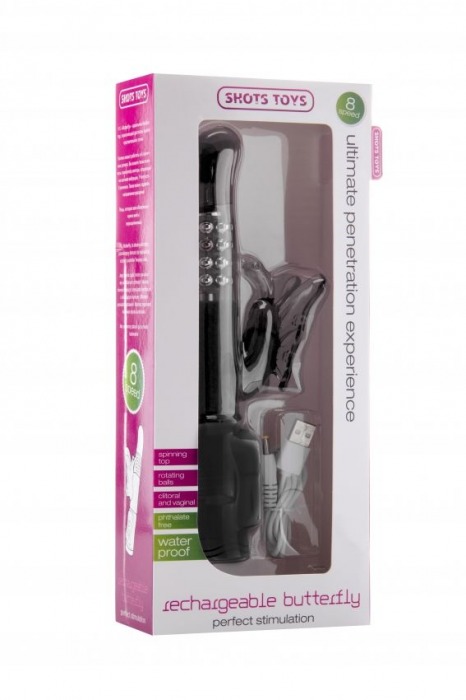 Чёрный перезаряжаемый вибратор Rechargeable Butterfly с клиторальной бабочкой - 22,8 см. - Shots Media BV