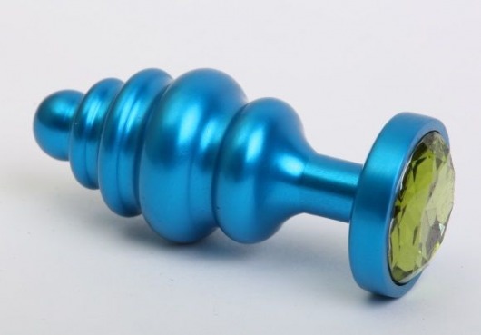Синяя ребристая анальная пробка с зеленым кристаллом - 7,3 см. - 4sexdreaM - купить с доставкой в Новосибирске