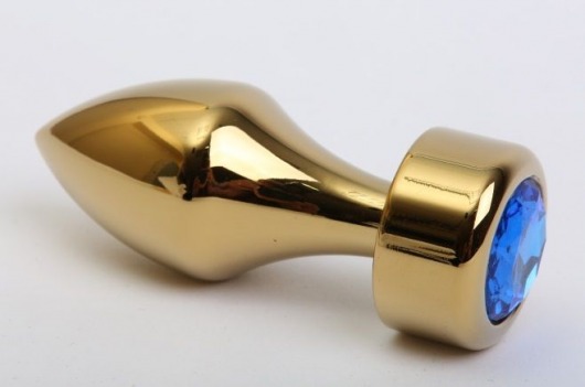 Золотистая анальная пробка с широким основанием и синим кристаллом - 7,8 см. - 4sexdreaM - купить с доставкой в Новосибирске