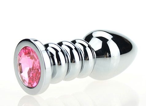 Серебристая фигурная анальная пробка с розовым кристаллом - 10,3 см. - 4sexdreaM - купить с доставкой в Новосибирске