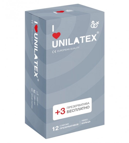 Презервативы с рёбрами Unilatex Ribbed - 12 шт. + 3 шт. в подарок - Unilatex - купить с доставкой в Новосибирске