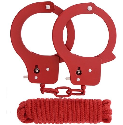 Красные наручники из листового металла в комплекте с веревкой BONDX METAL CUFFS LOVE ROPE SET - Dream Toys - купить с доставкой в Новосибирске