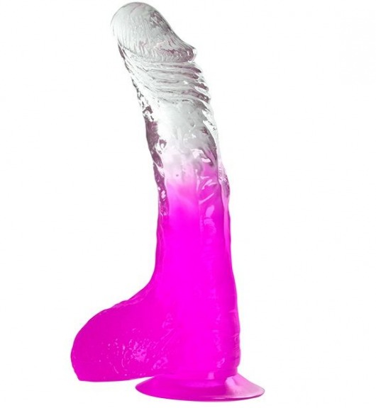Фиолетовый фаллоимитатор с мошонкой, присоской и прозрачным стволом - 20 см. - Dream Toys
