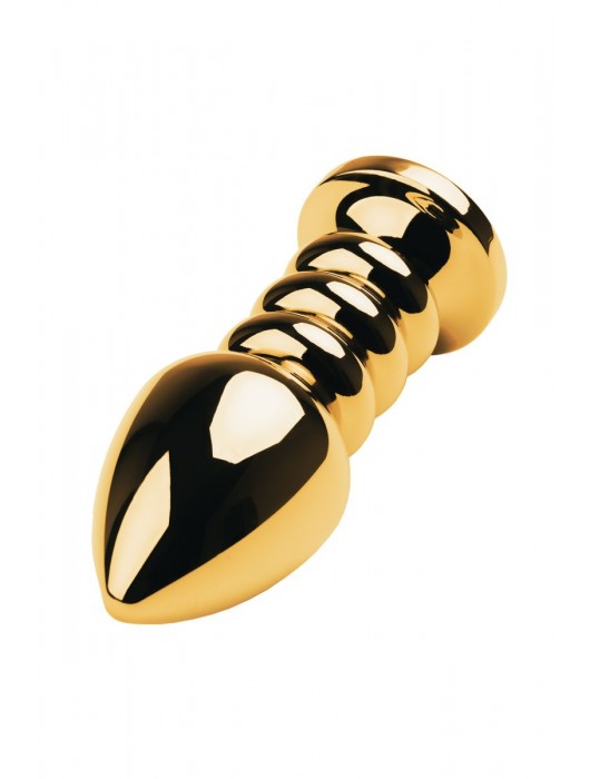 Золотистый анальный плаг с рёбрышками и красным кристаллом - 10,5 см. - ToyFa - купить с доставкой в Новосибирске