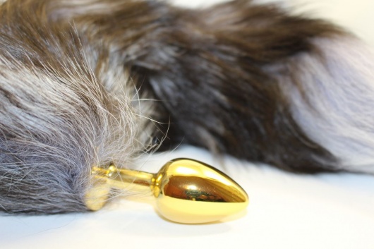 Золотистая анальная пробка с чёрным лисьим хвостом - 4sexdreaM - купить с доставкой в Новосибирске